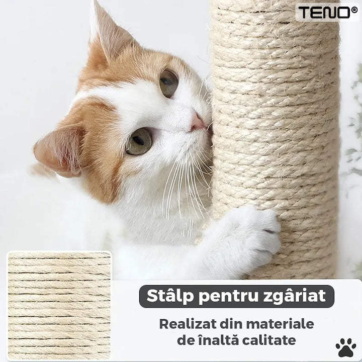 Ansamblu de Joaca pentru Pisici Teno®, tip turn, 2 platforme de observatie, 4 niveluri, 1 casuta, hamac, franghie si mingiuta de joaca, stalpi pentru zgariat, captuseala extra moale, structura stabila, 136 cm, gri inchis