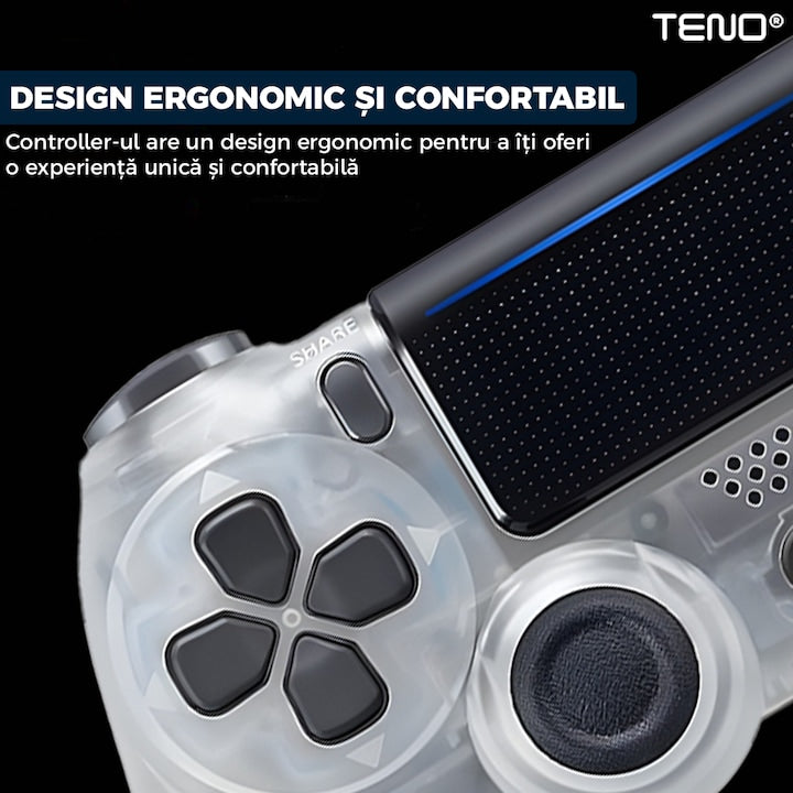 Controller Wireless DoubleShock Teno®, compatibil cu PS4, joystick-uri analog, vibratie dubla, baterie performanta, transparent