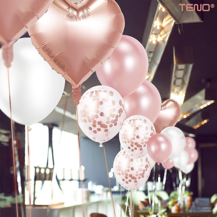 Set 48 Baloane Teno®, Confeti, Inimioara, pentru Petreceri/Aniversari/Evenimente, o singura dimensiune, 2 culori, latex, rose gold