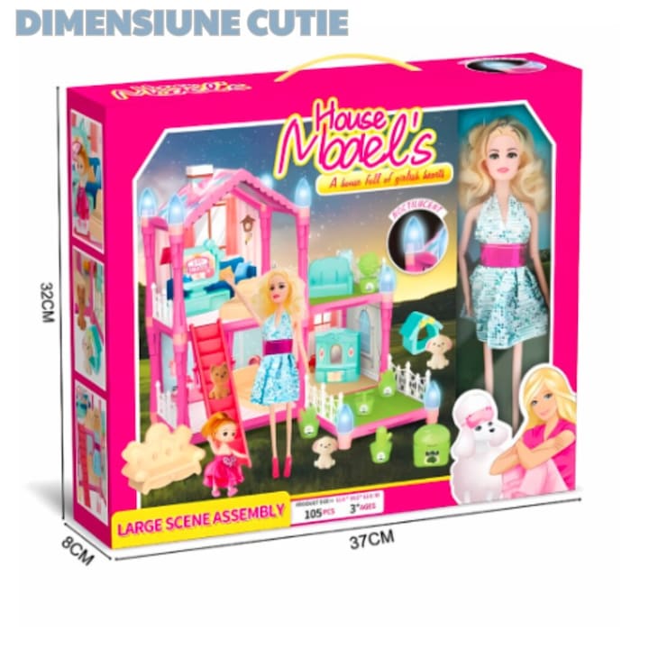 Casuta cu efecte luminoase pentru papusi, MACVI, 105 piese, 2 papusi incluse, roz deschis