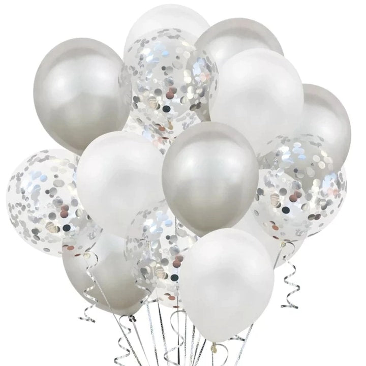 Set 15 Baloane Teno®, Confeti, pentru Petreceri/Aniversari/Evenimente, o singura dimensiune, 3 culori, latex, argintiu/alb/transparent