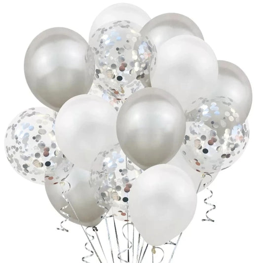 Set 15 Baloane Teno®, Confeti, pentru Petreceri/Aniversari/Evenimente, o singura dimensiune, 3 culori, latex, argintiu/alb/transparent