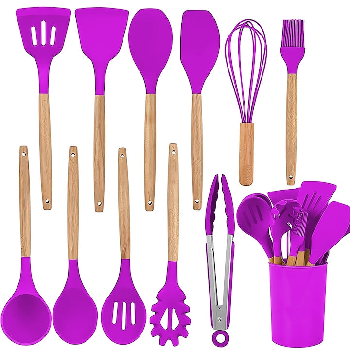 Set Ustensile Bucatarie 12 Piese Silicon Alimentar Teno®, termorezistente, antiaderente, sigure, suport inclus, mov