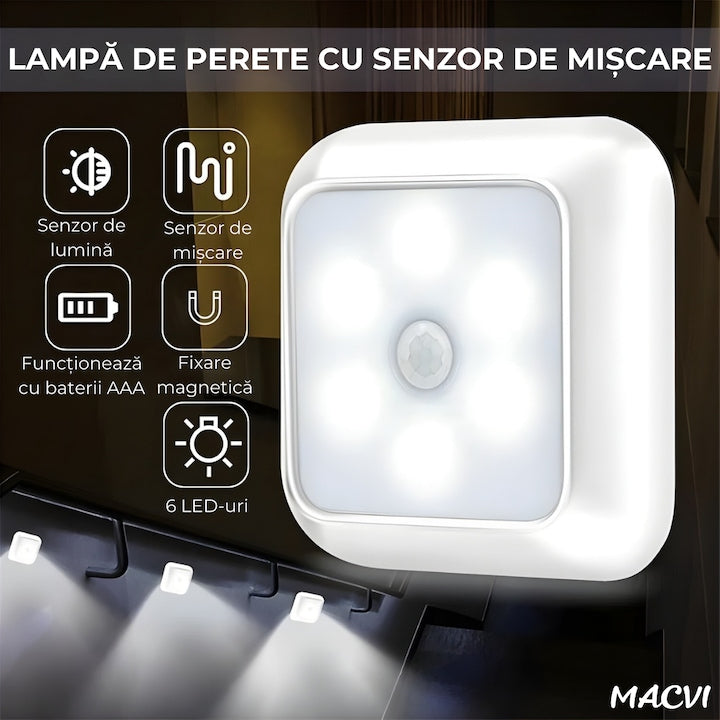 Lampa LED Macvi® cu senzor de miscare si alimentare pe baterii iluminare automata pentru holuri, scari, dulapuri si sertare, montaj rapid fara cabluri, 1 buc