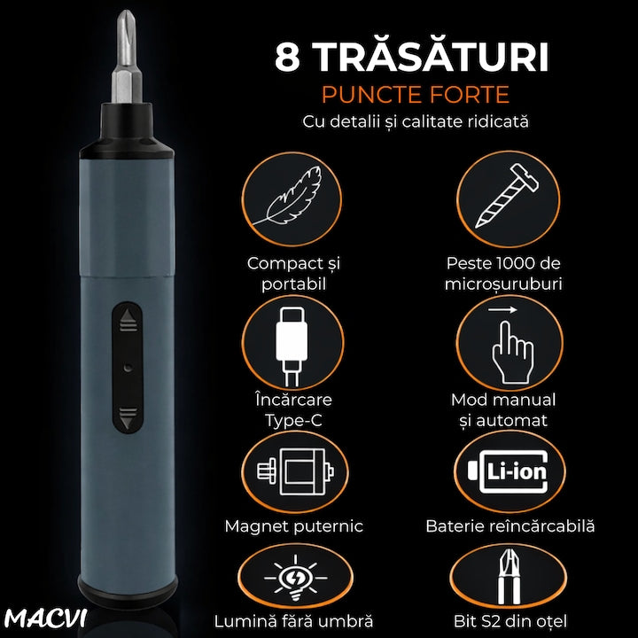 Set Surubelnita Electrica de Precizie Macvi® 49 in 1, Reincarcabila, Fara Fir, pentru Reparatii Mobile, Baterie Li-ion 400mAh