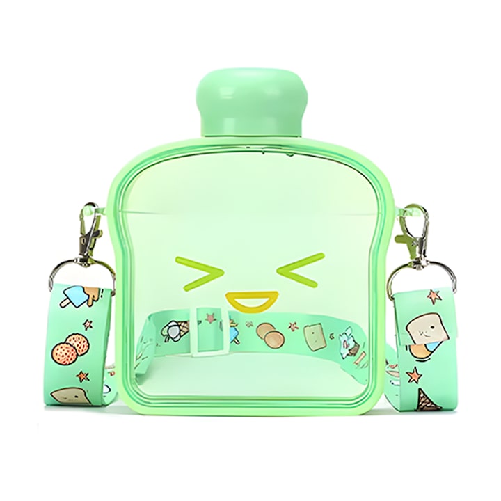 Sticla de Apa pentru Copii Teno®, forma de toast, fara BPA, anti-scurgere, usor de curatat, curea reglabila inclusa, pentru copii, 380 ml, verde