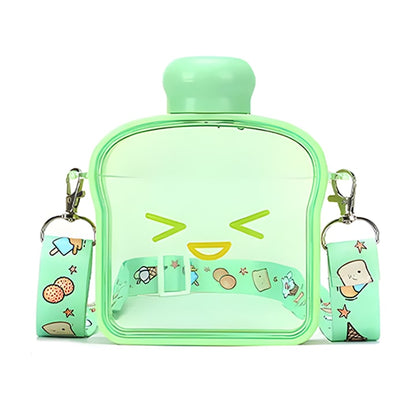 Sticla de Apa pentru Copii Teno®, forma de toast, fara BPA, anti-scurgere, usor de curatat, curea reglabila inclusa, pentru copii, 380 ml, verde