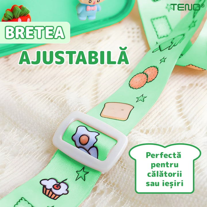 Sticla de Apa pentru Copii Teno®, forma de toast, fara BPA, anti-scurgere, usor de curatat, curea reglabila inclusa, pentru copii, 380 ml, verde
