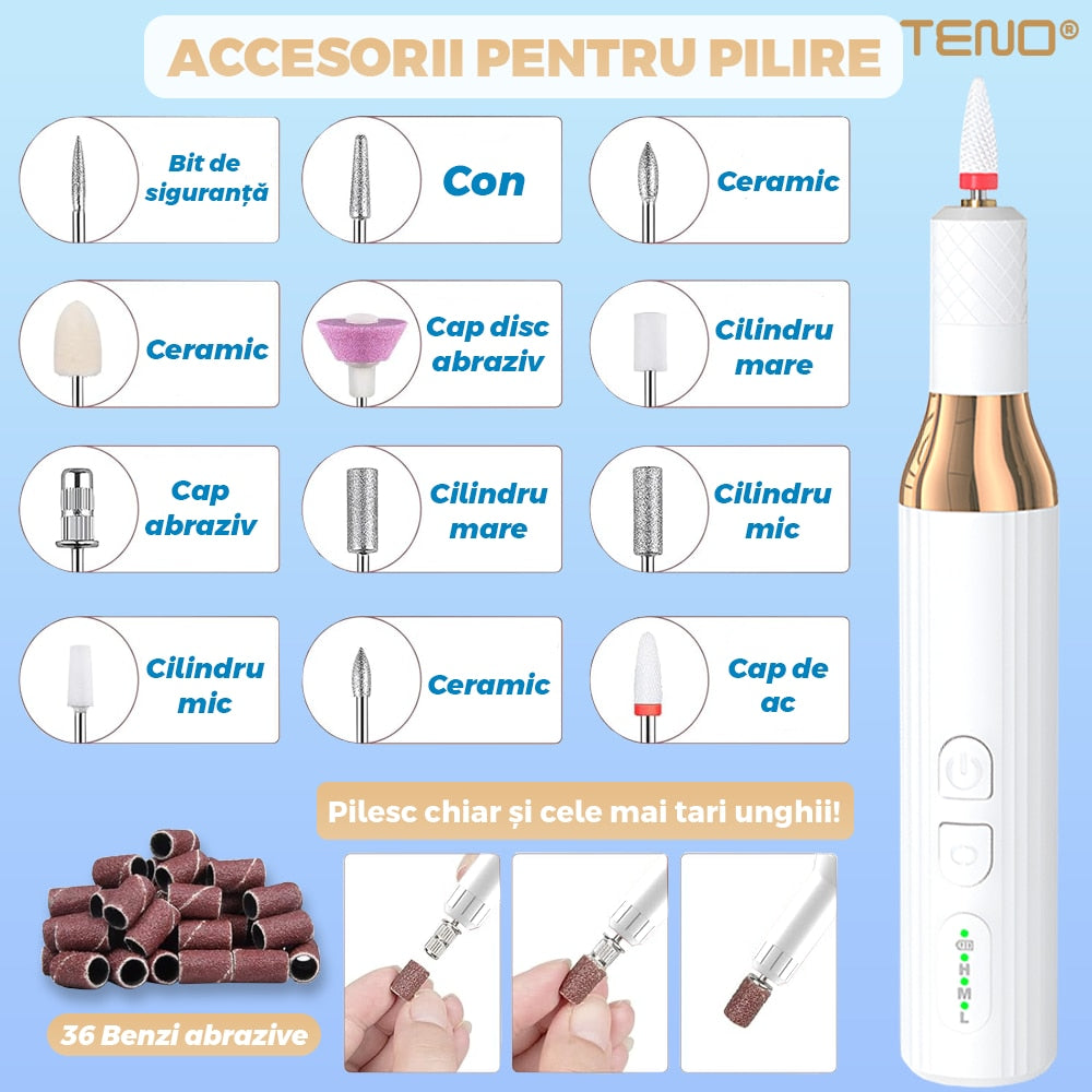 Pila Electrica Profesionala pentru Unghii Teno®, freza wireless, 18000 RPM, indicator led, manichiura-pedichiura, 12 capete pentru pila, 36 benzi de slefurie, portabila, alb