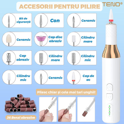 Pila Electrica Profesionala pentru Unghii Teno®, freza wireless, 18000 RPM, indicator led, manichiura-pedichiura, 12 capete pentru pila, 36 benzi de slefurie, portabila, alb