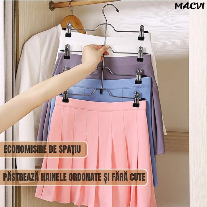 Umeras Macvi® pentru fuste si pantaloni, suport cu 4 niveluri, metal rezistent, economisire spatiu, 37.5x32.5 cm