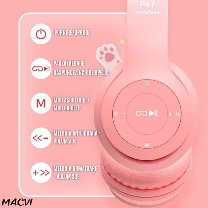 Casti stereo wireless Macvi® P47, urechi pisica, Bluetooth 5.0, radio FM, reducere zgomot, pliabile, slot card, roz