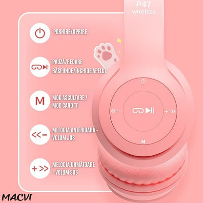 Casti stereo wireless Macvi® P47, urechi pisica, Bluetooth 5.0, radio FM, reducere zgomot, pliabile, slot card, roz