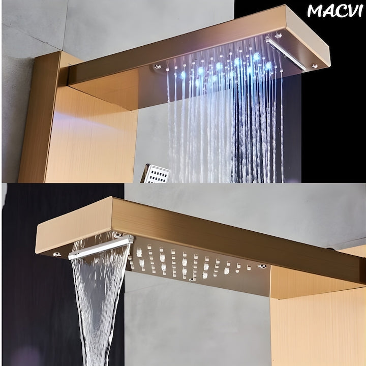 Panou dus Macvi® hidromasaj 5 functii LED digital inox auriu satin 120 cm, afisaj temperatura anticalcar dus tip ploaie cascada, para mobila, jeturi masaj baie, premium