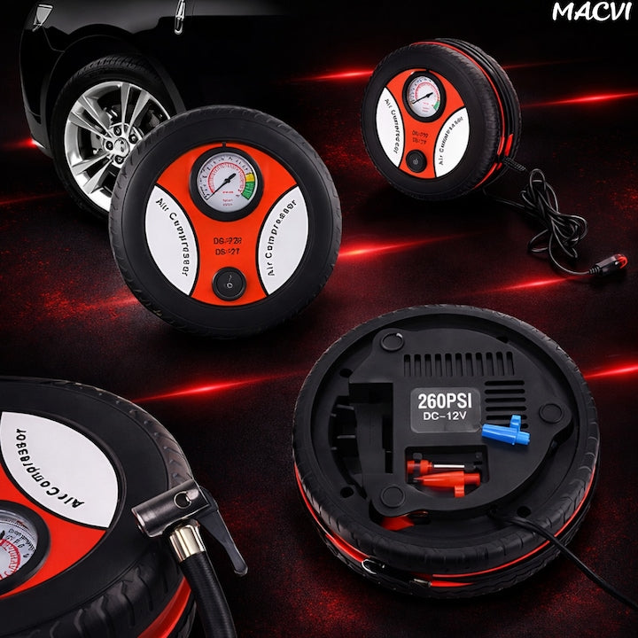 Compresor Auto Macvi® Forma Anvelopa Alimentare Bricheta 12V 260PSI 90W cu Manometru si Set Capete