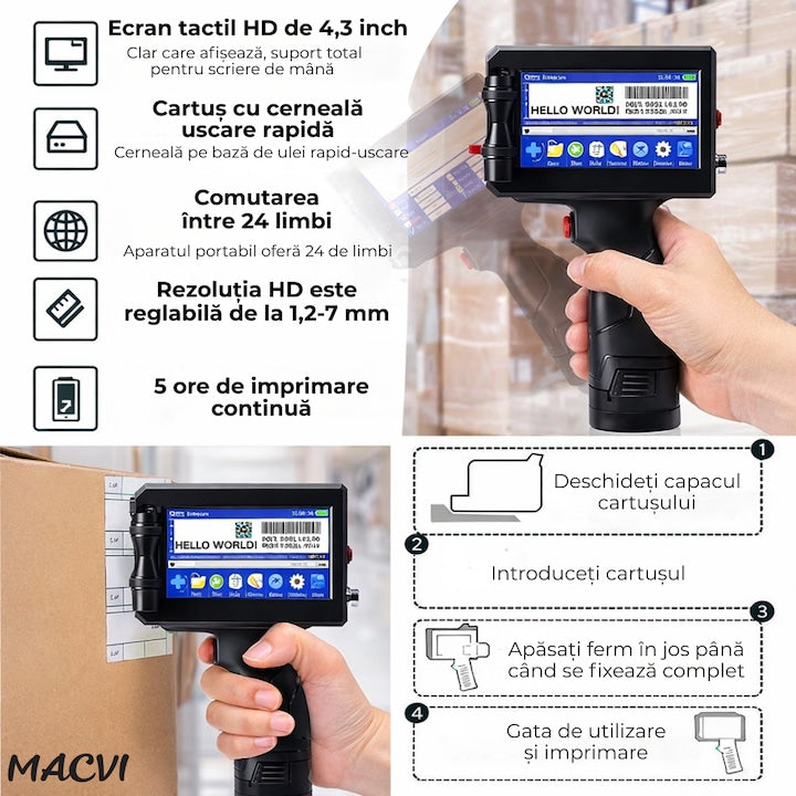 Imprimanta termica portabila Macvi®, wireless, 12.7 mm, cerneala HP originala, coduri QR, coduri de bare, date variabile, multifunctionala