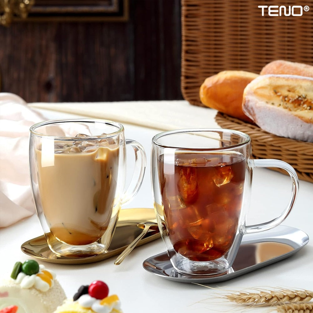 Set 2 Cani de Sticla cu Perete Dublu Teno®, model rotund, design modern, termorezistente, capacitate 350 ml, 12 x 9 cm
