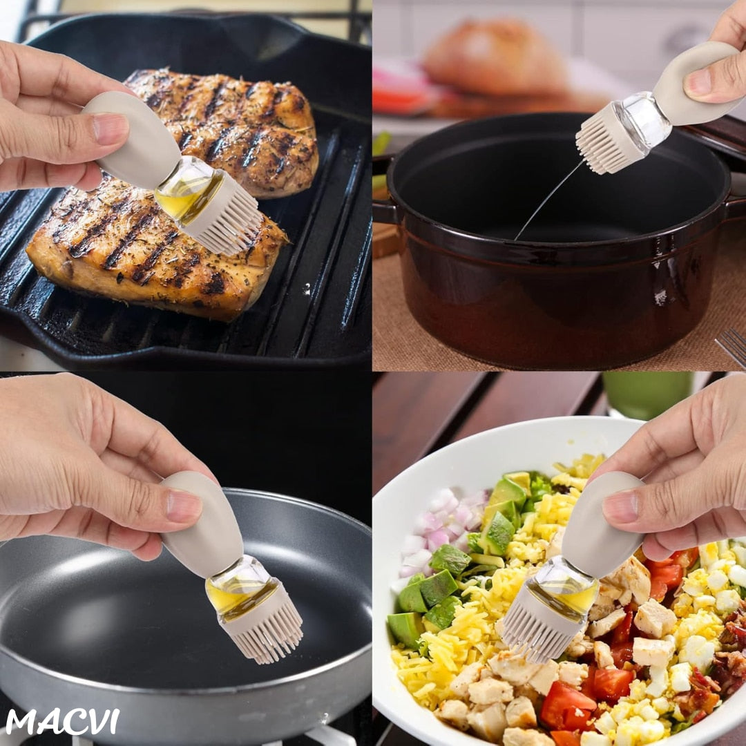 Sticla pentru ulei Macvi® cu pensula din silicon, scala precisa, rezistenta la caldura, usor de curatat, ideala pentru gatit, copt si grill, Multicolor