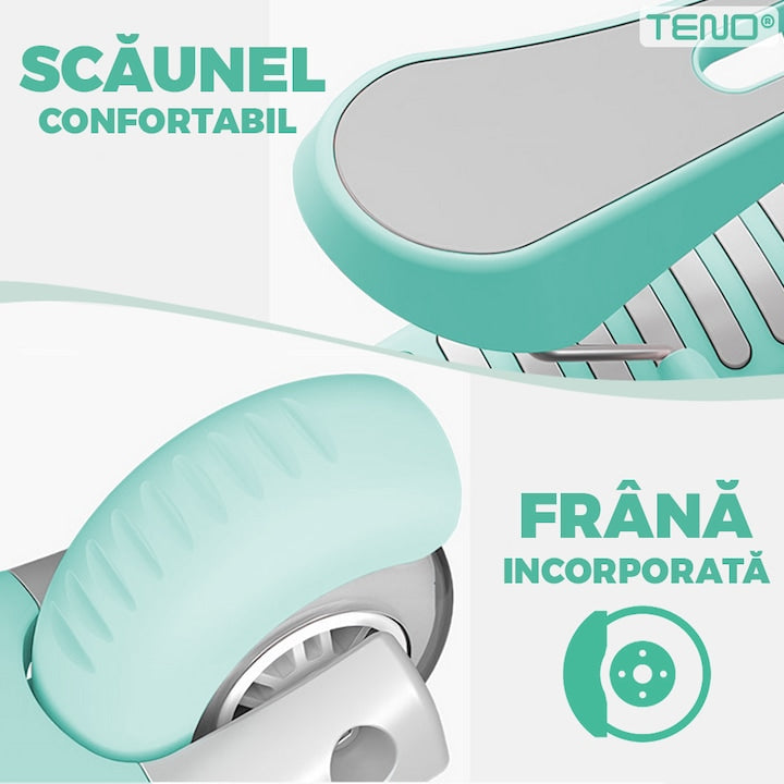 Trotineta pentru Copii 2 in 1 Teno®, scaunel incorporat, lumini,3 roti, cosulet frontal, anti-aluncare, inaltime ajustabila, stabila, frana, incorporata, 3-11 ani, turcoaz
