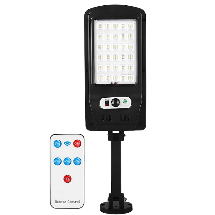 Lampa Solara Stradala 30 LED-uri Teno®, control prin telecomanda, senzor de miscare, 3 moduri de iluminare, protectie IP65, Waterproof, exterior, negru