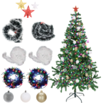 Pachet Brad de Craciun 180cm, Macvi®, artificial, 20 globuri de culoare Argintiu, Auriu, Alb, 2 beteala verde, 2 beteala alba, 3 stele de culori diferite, 2 Instalatii 100 LED-uri, Multicolor