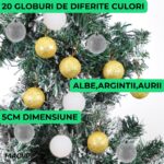 Pachet Brad de Craciun 180cm, Macvi®, artificial, 20 globuri de culoare Argintiu, Auriu, Alb, 2 beteala verde, 2 beteala alba, 3 stele de culori diferite, 2 Instalatii 100 LED-uri, Multicolor - imagine 4