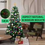 Pachet Brad de Craciun 180cm, Macvi®, artificial, 20 globuri de culoare Argintiu, Auriu, Alb, 2 beteala verde, 2 beteala alba, 3 stele de culori diferite, 2 Instalatii 100 LED-uri, Multicolor - imagine 3