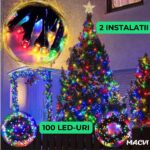 Pachet Brad de Craciun 180cm, Macvi®, artificial, 20 globuri de culoare Argintiu, Auriu, Alb, 2 beteala verde, 2 beteala alba, 3 stele de culori diferite, 2 Instalatii 100 LED-uri, Multicolor - imagine 8