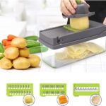 Razatoare Multifunctionala 15 in 1 Macvi®, 20 Piese, 13 Tipuri de Feliere, Ideala pentru Fructe, Legume si Branzeturi, Otel Inoxidabil, Verde/Gri - imagine 2