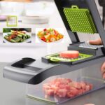 Razatoare Multifunctionala 15 in 1 Macvi®, 20 Piese, 13 Tipuri de Feliere, Ideala pentru Fructe, Legume si Branzeturi, Otel Inoxidabil, Verde/Gri - imagine 5