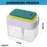 Dispenser detergent Macvi® 380 ml cu suport pentru burete, actionare prin apasare, economisire detergent - imagine 2