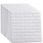 Set 40 Bucati Tapet 3D Autoadeziv, spuma moale la exterior, design modern potrivit oricarui spatiu, rezistent la apa, dimensiuni 70x77, Macvi®, Model Caramida Alb