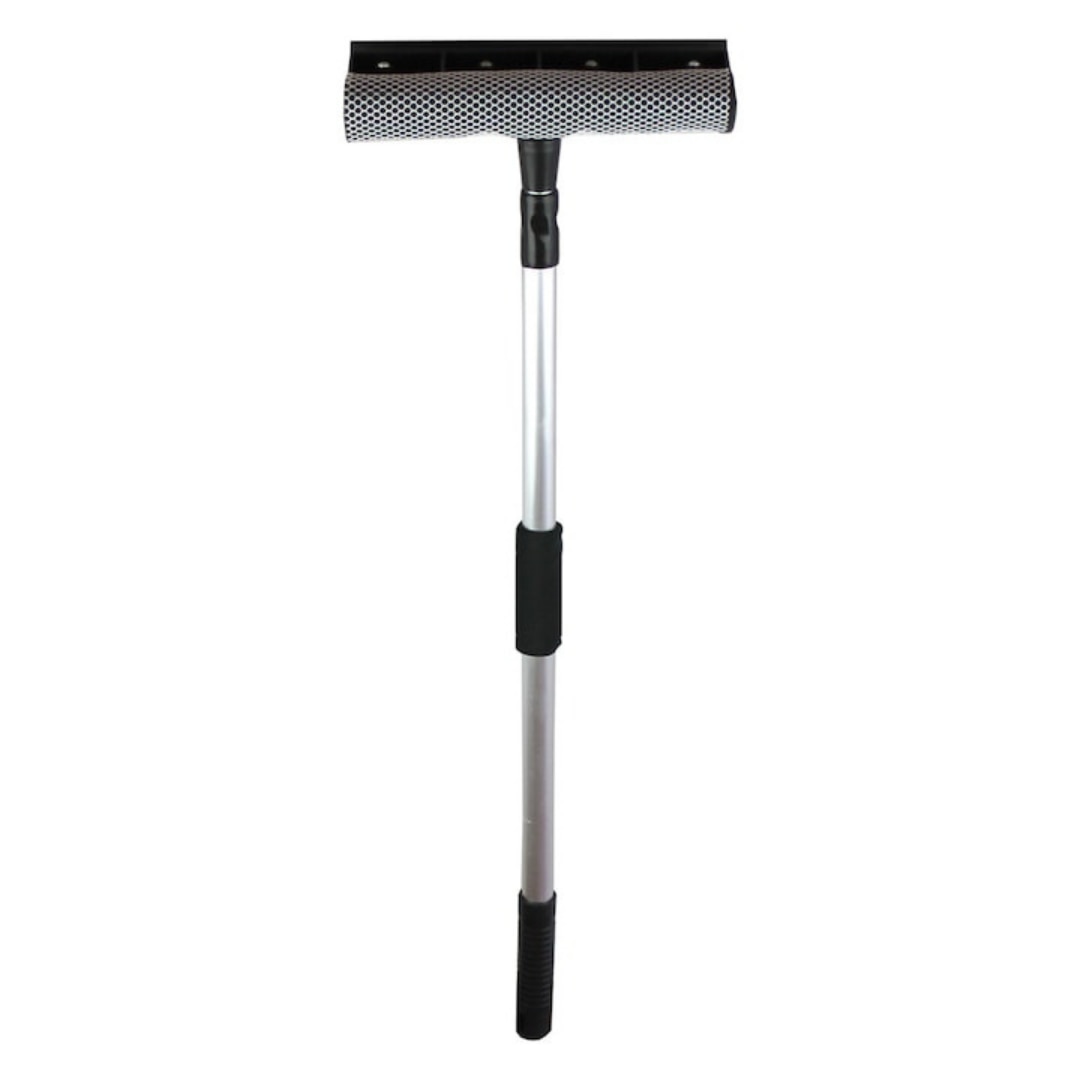 7ed4c73a0bc6f64360b0931bbaa041da.jpg Perie pentru Spalat Geamuri cu Manere Extensibile Macvi® Telescopice din Aluminiu, 120 cm, 2 in 1, Stergator pentru Geamuri - imagine 1