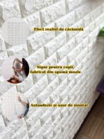 Set 200 Bucati Tapet 3D Autoadeziv, spuma moale la exterior, design modern potrivit oricarui spatiu, rezistent la apa, dimensiuni 70x77, Macvi®, Model Caramida Alb - imagine 5